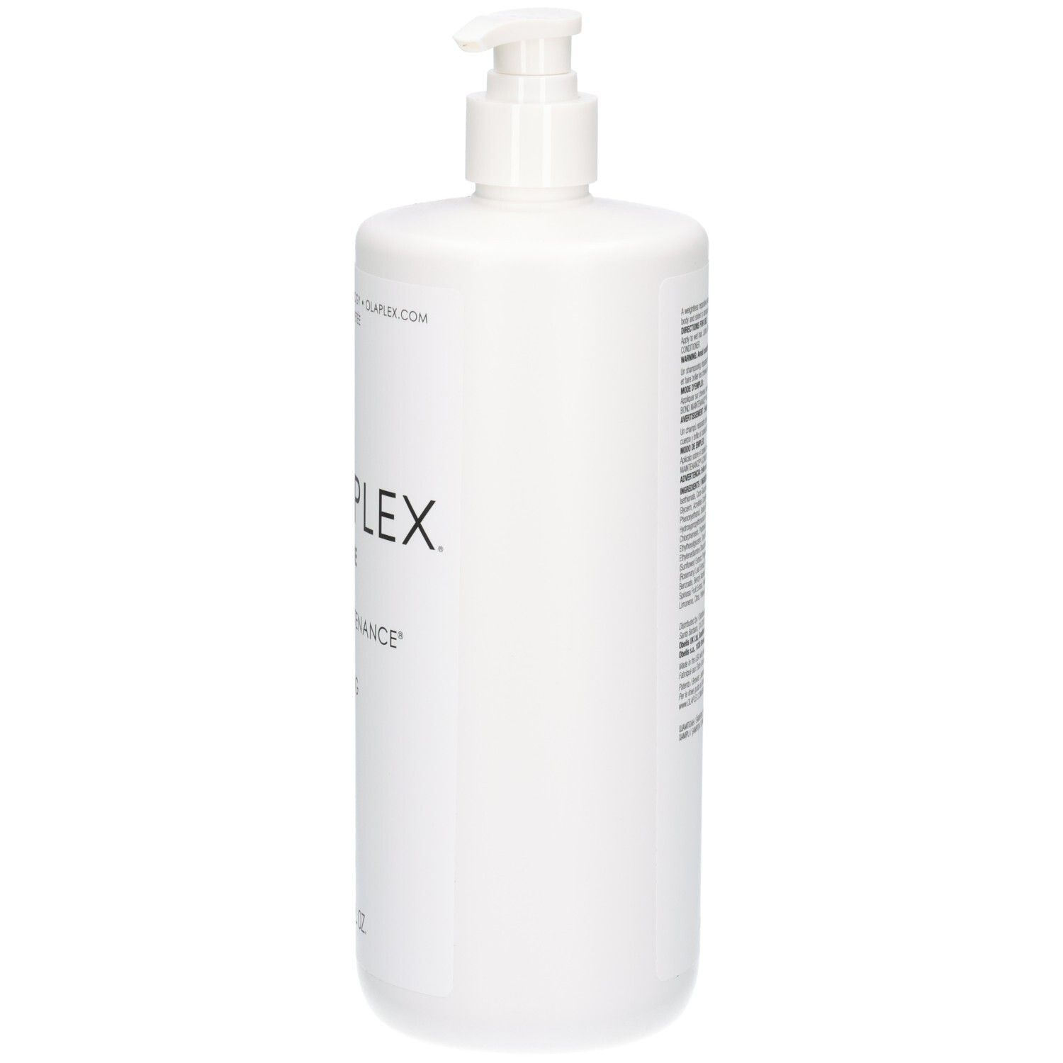 Seitenansicht der weißen Olaplex No.4 Fine Bond Maintenance Shampoo Flasche mit Pumpspender.