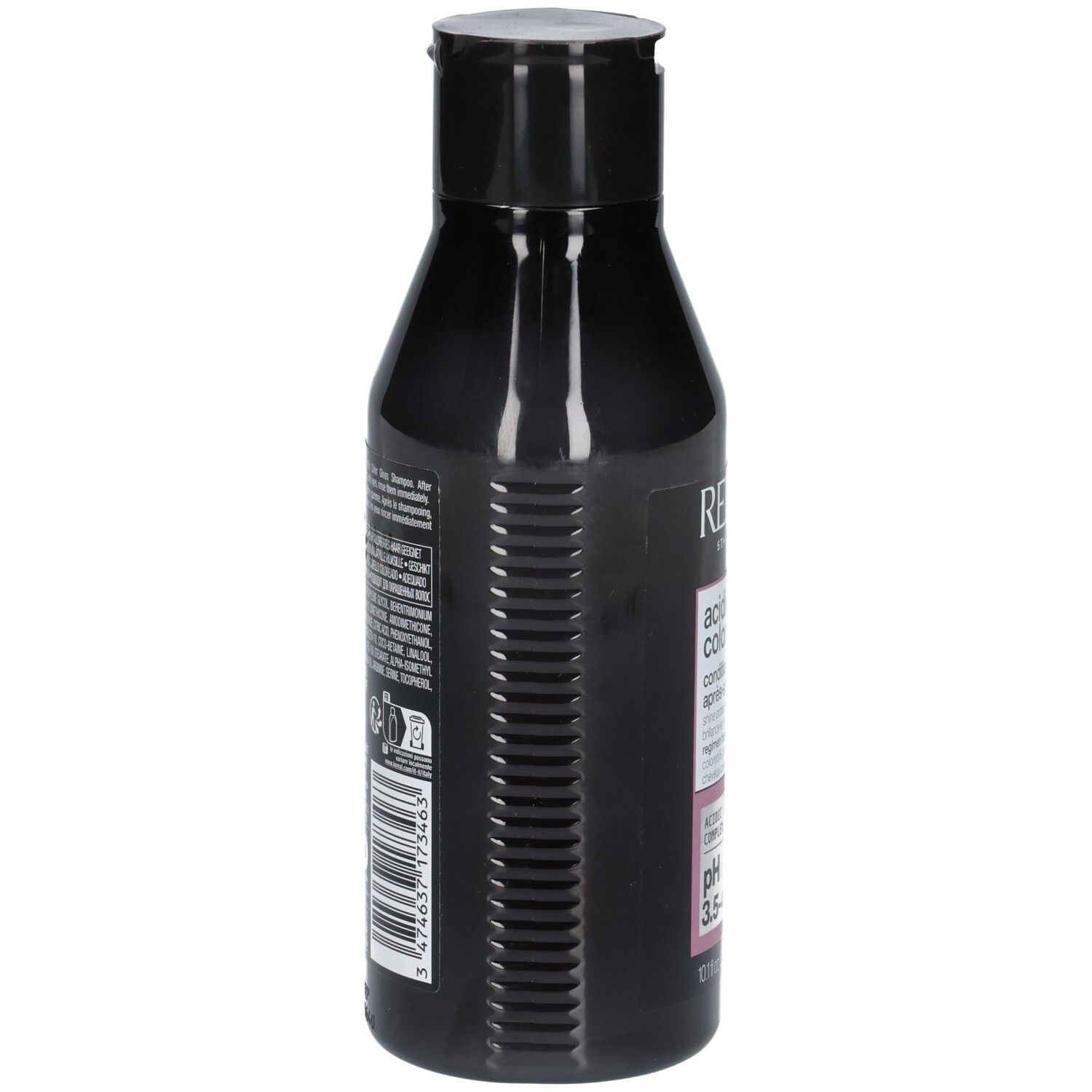 Schwarze Flasche, Seitenansicht. Aufschrift und Barcode. Produktname: acidic color gloss. pH 3.5-4.5. Herstellerinformationen.