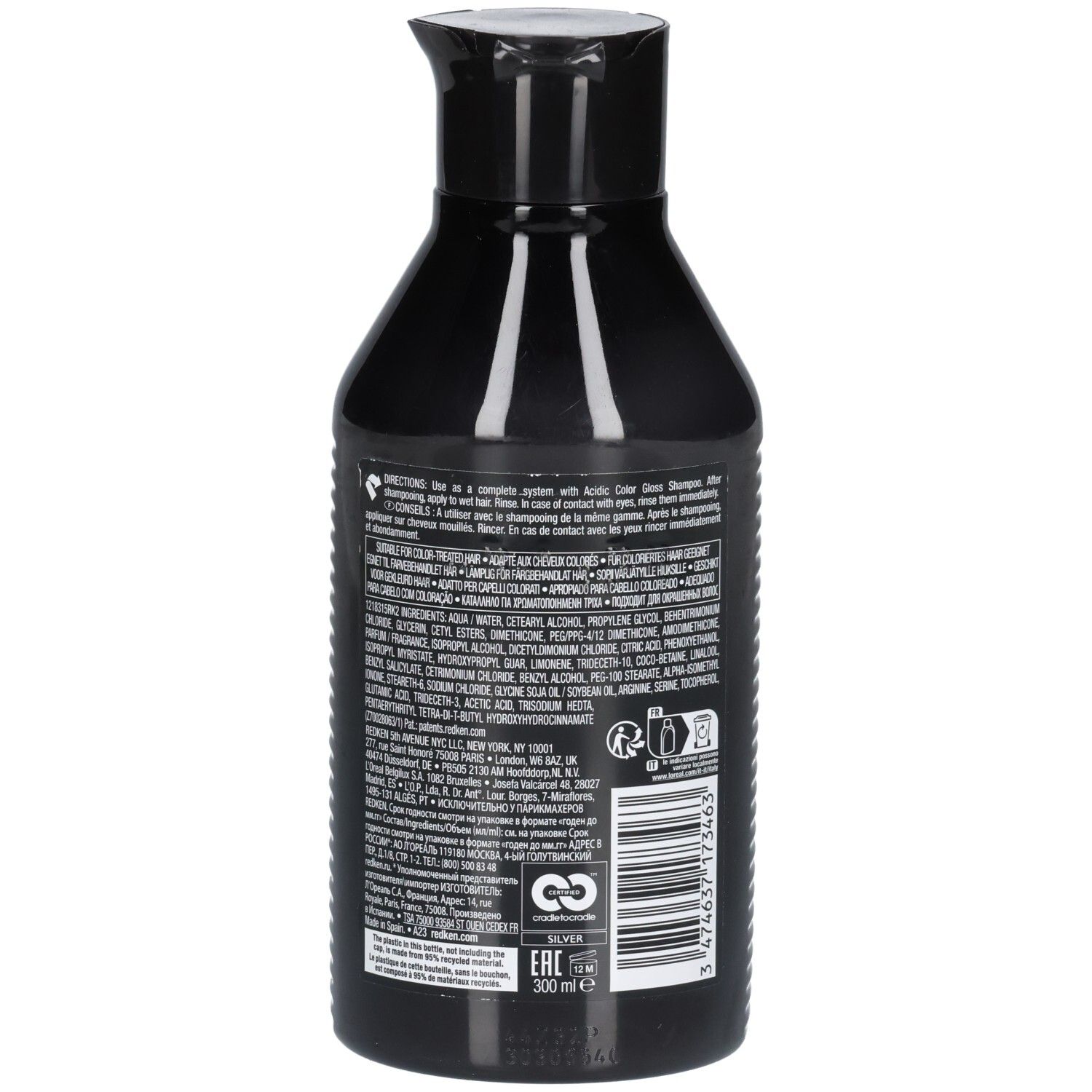 Rückseite der schwarzen Flasche. Aufschrift: acidic color gloss, Inhaltsstoffe, Herstellerinformationen, Barcode, Logo.
