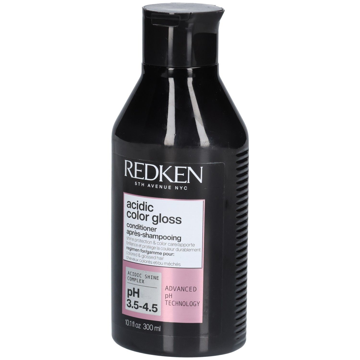 Schwarze Flasche mit schwarzem Deckel. Aufschrift: REDKEN, acidic color gloss, conditioner après-shampooing. pH 3.5-4.5.