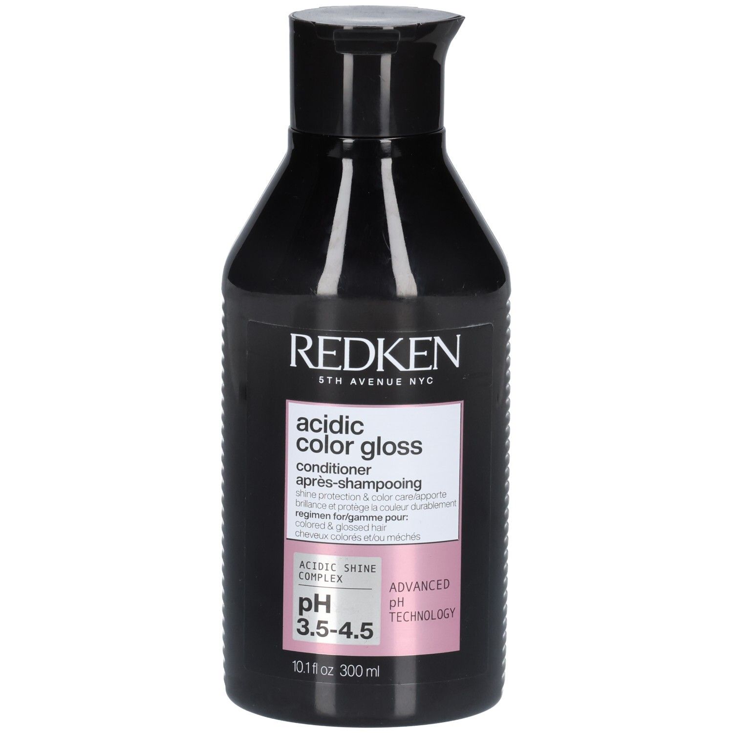 Schwarze Flasche mit schwarzem Deckel. Aufschrift: REDKEN, acidic color gloss, conditioner après-shampooing. pH 3.5-4.5.