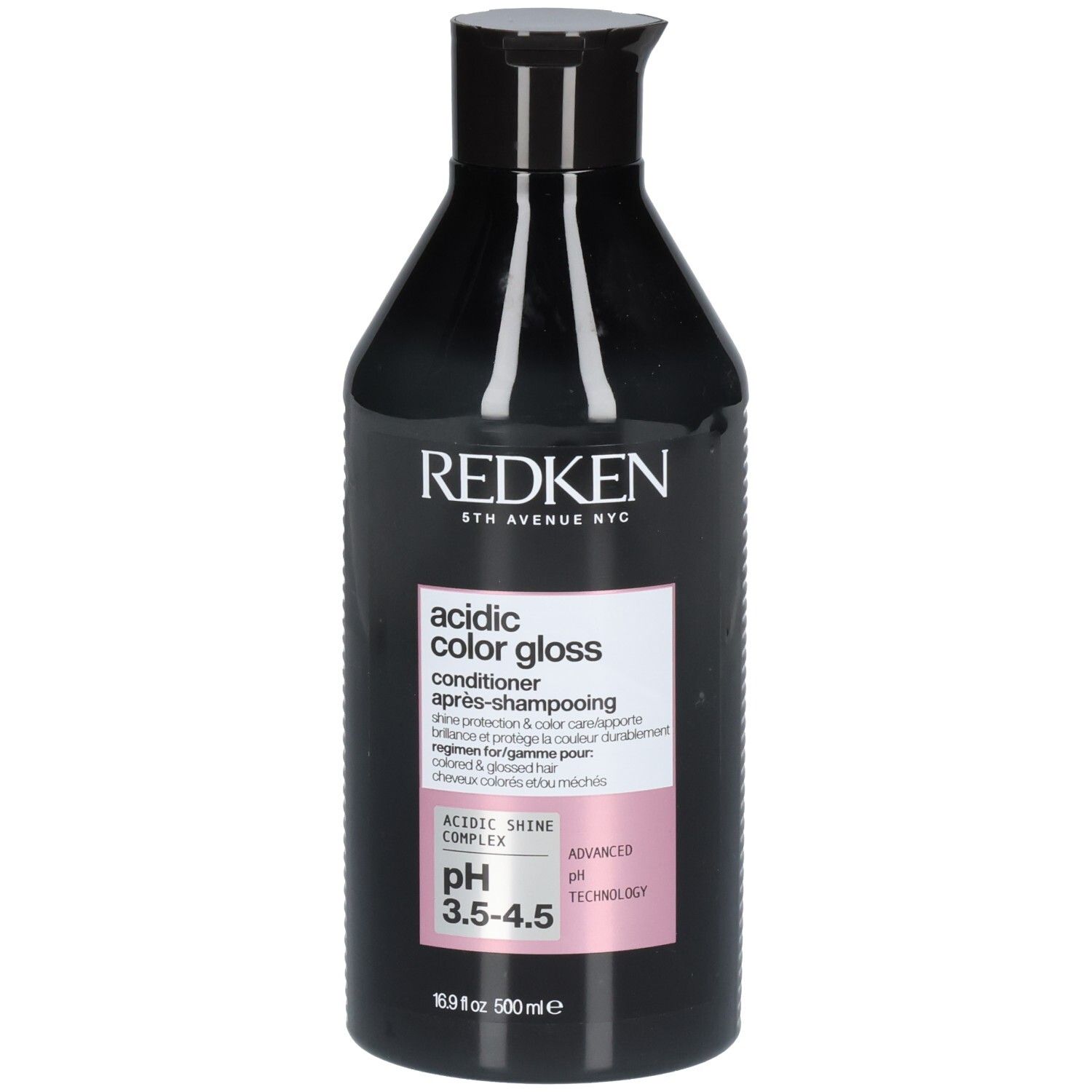 Schwarze Flasche mit Produktetikett. Aufschrift: REDKEN, acidic color gloss, conditioner. Rosa und silberne Akzente.