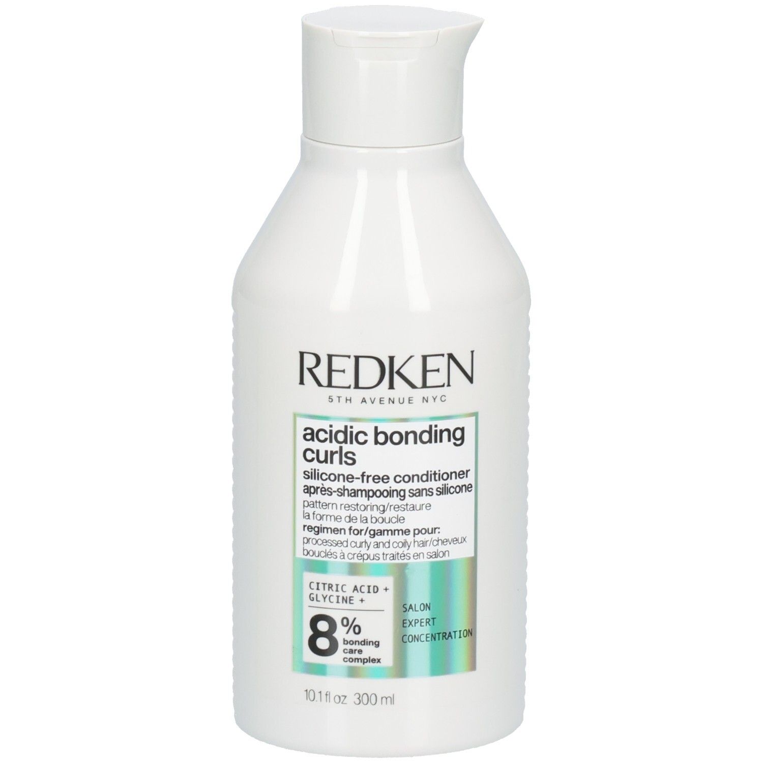 Weiße Flasche mit Redken Acidic Bonding Curls Conditioner. Hauptmerkmale: 8% Bonding Care Complex, silikonfreier Conditioner.
