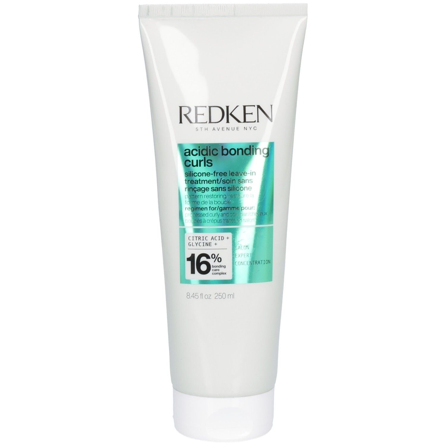 Weißer Tubenbehälter mit grün-türkisfarbenem Etikett. Aufschrift: Redken, acidic bonding curls, 250ml.