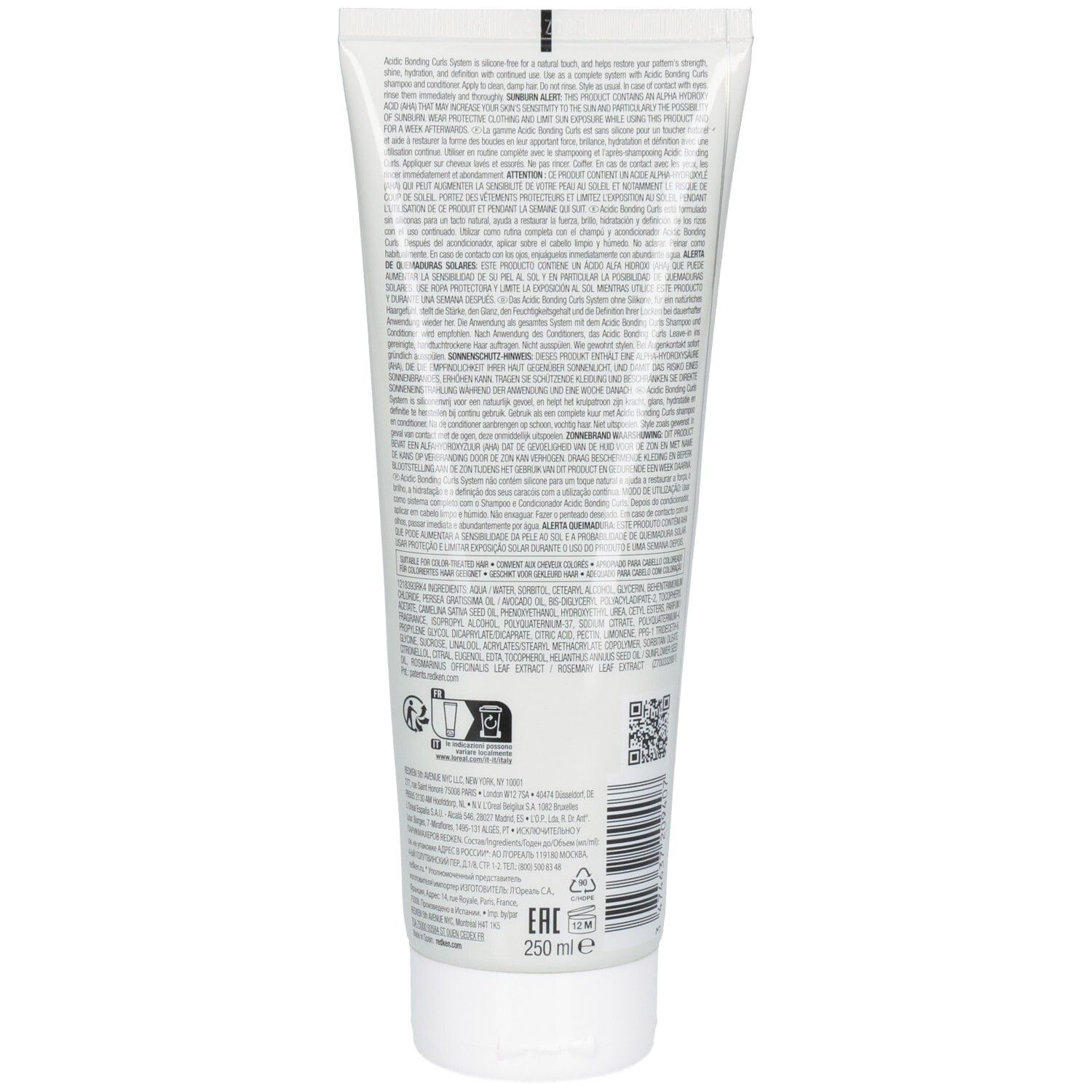 Rückseite einer weißen Tube. Text in mehreren Sprachen. Unten: 250 ml, EAN-Code.
