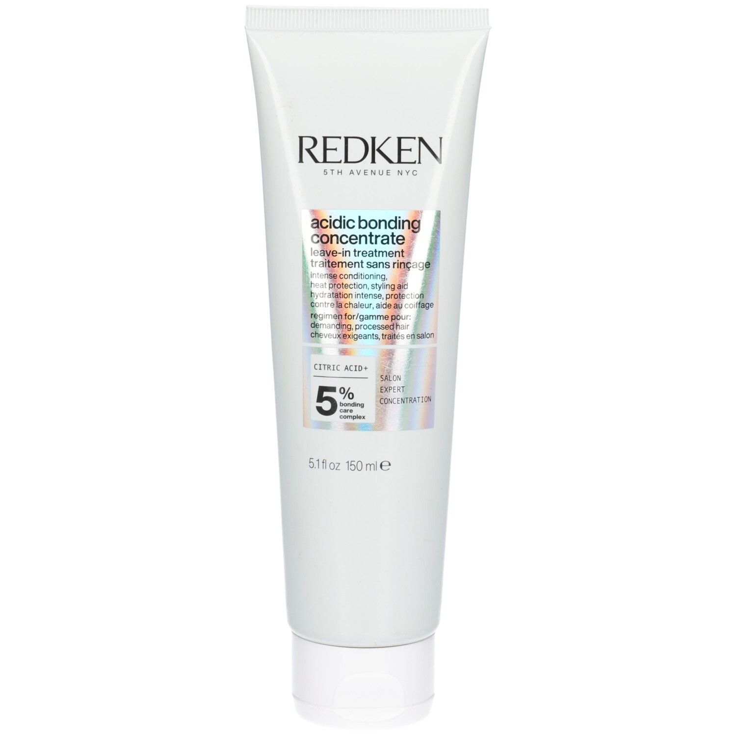 Weiße Tube mit Produkttext und Logo. Enthält 150 ml. Aufschrift: Redken, Acidic Bonding Concentrate, 5% Citric Acid.