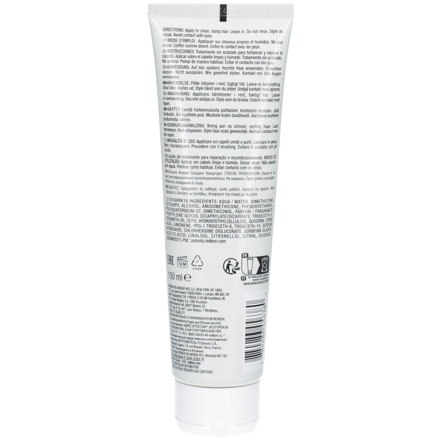 Rückseite einer weißen Tube. Enthält Produktinformationen und Inhaltsstoffe. 150 ml. Mit Recycling-Symbolen.