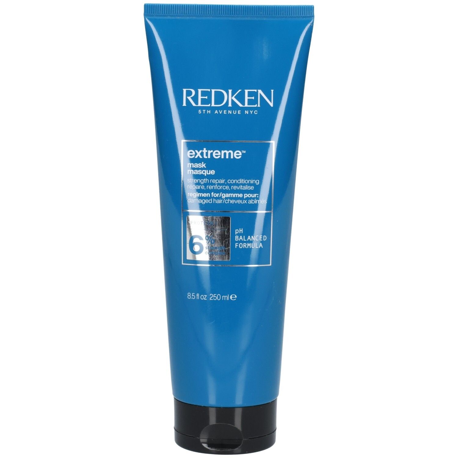 Blaue Tube mit schwarzem Deckel. Aufschrift: REDKEN, extreme mask, 8.5 fl oz 250 ml. pH Balanced Formula.