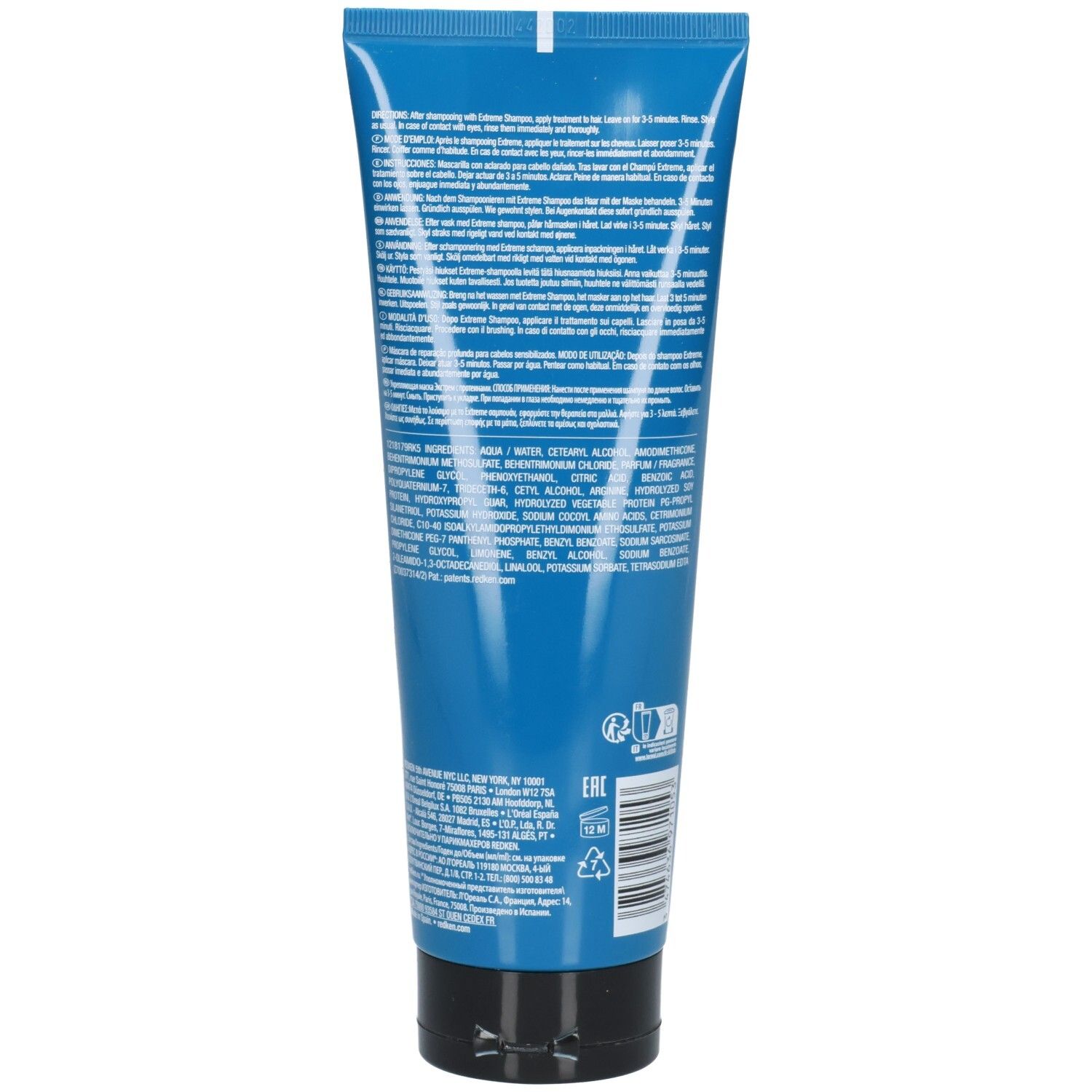 Rückseite einer blauen Tube mit schwarzem Deckel. Text in mehreren Sprachen. EAN-Code und Recycling-Symbole.