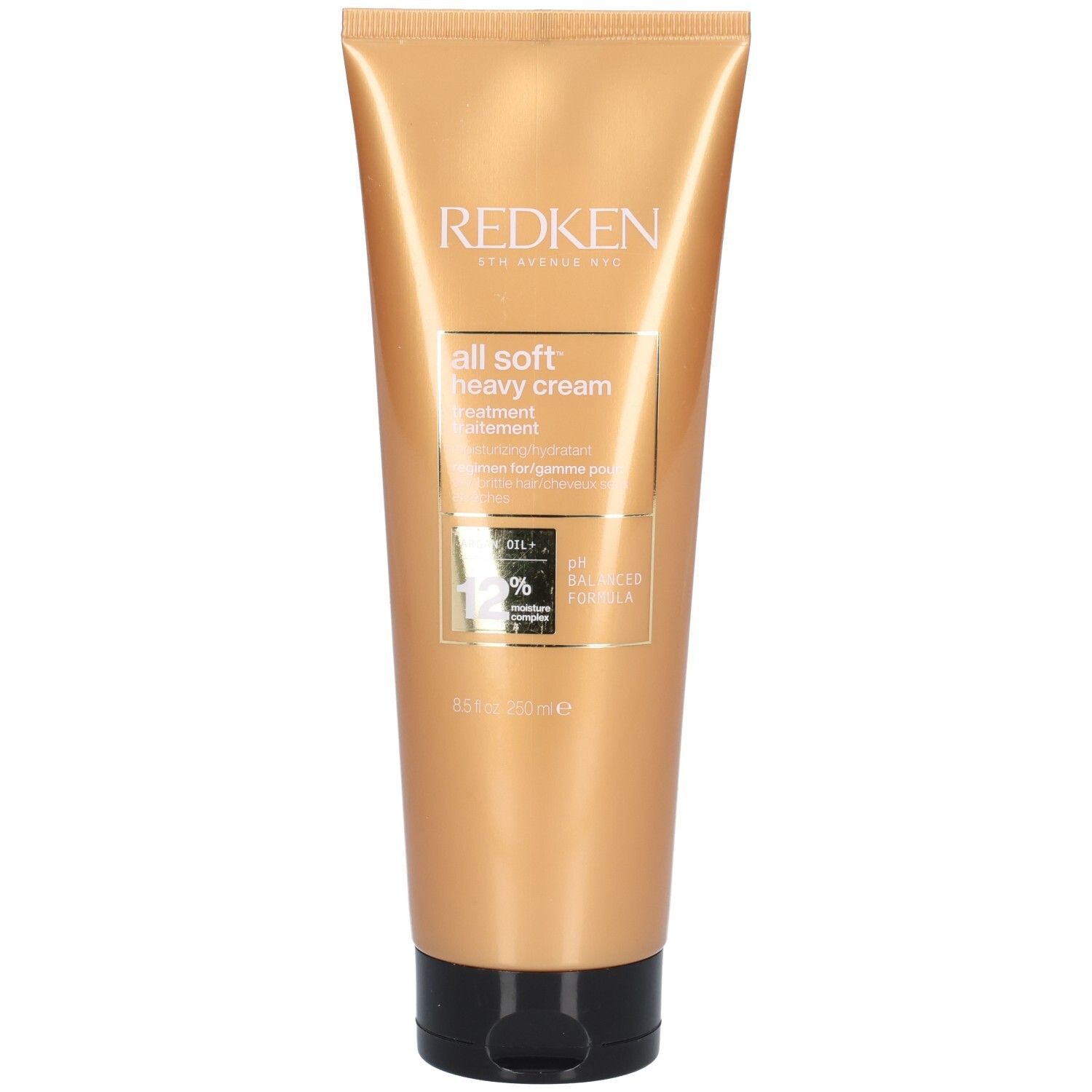 Goldfarbene Tube mit schwarzem Deckel. Aufschrift: Redken, All Soft Heavy Cream. Behandlung für trockenes Haar. 12% Moisture Complex.