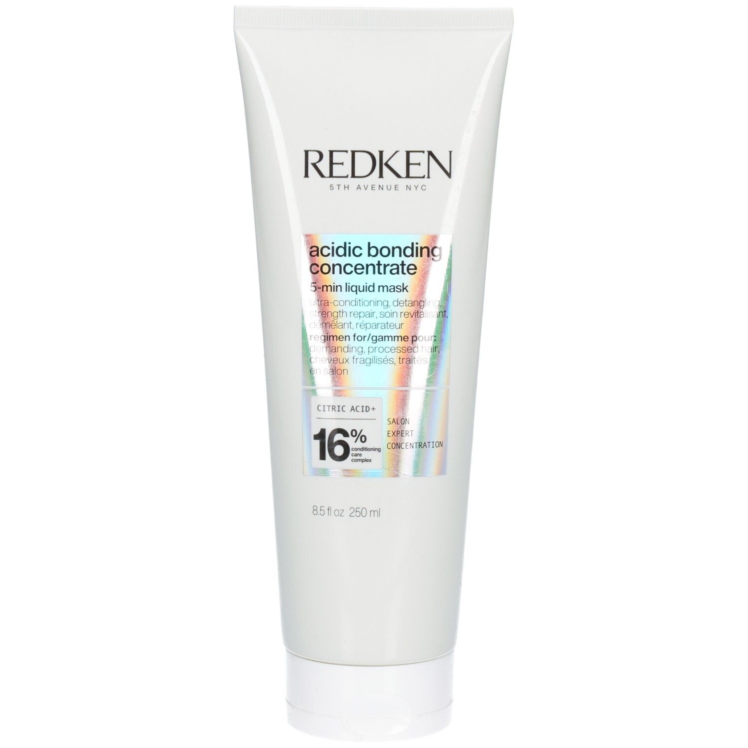 Weiße Tube mit Produktetikett. Aufschrift: Redken, Acidic Bonding Concentrate, 5-Min Liquid Mask. Enthält 16% Zitronensäure.