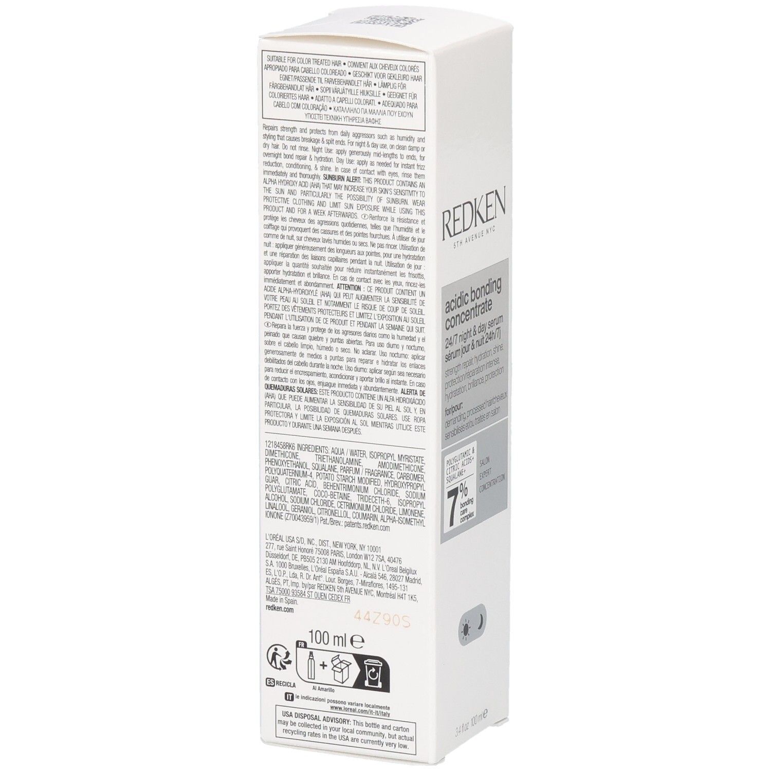 Redken Acidic Bonding Concentrate 24/7 Serum in weißer Faltschachtel mit Produktinformationen und 100 ml Angabe.