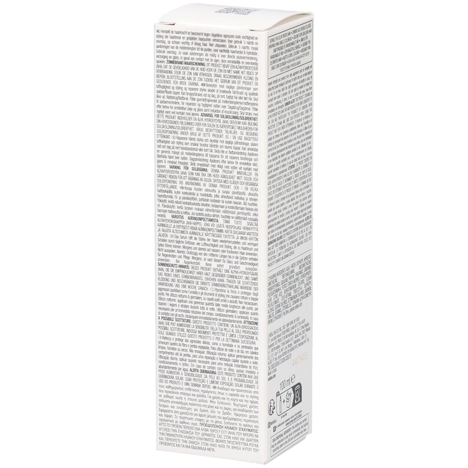 Weiße Produktverpackung mit vielseitigem Text in mehreren Sprachen und einem 100-ml-Symbol.