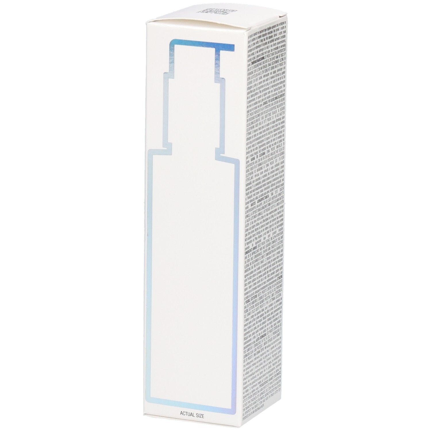 Weiße Produktverpackung mit schematischer Darstellung einer Flasche und Text.