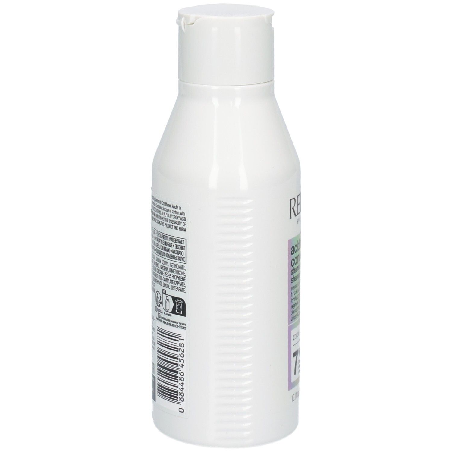 Weiße Shampoo-Flasche. Rückseite mit Text und Barcode. Marke: Redken. 300ml.
