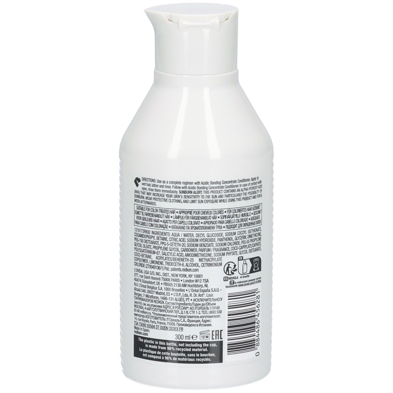 Weiße Shampoo-Flasche. Rückseite mit Text und Barcode. Marke: Redken. 300ml.