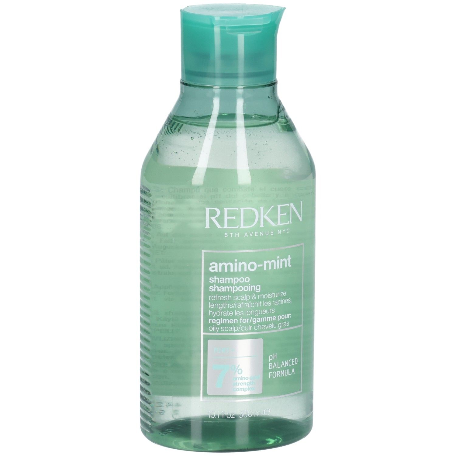 Redken Amino-Mint Shampoo in klarer Flasche mit türkisfarbenem Verschluss. pH-ausgeglichene Formel.