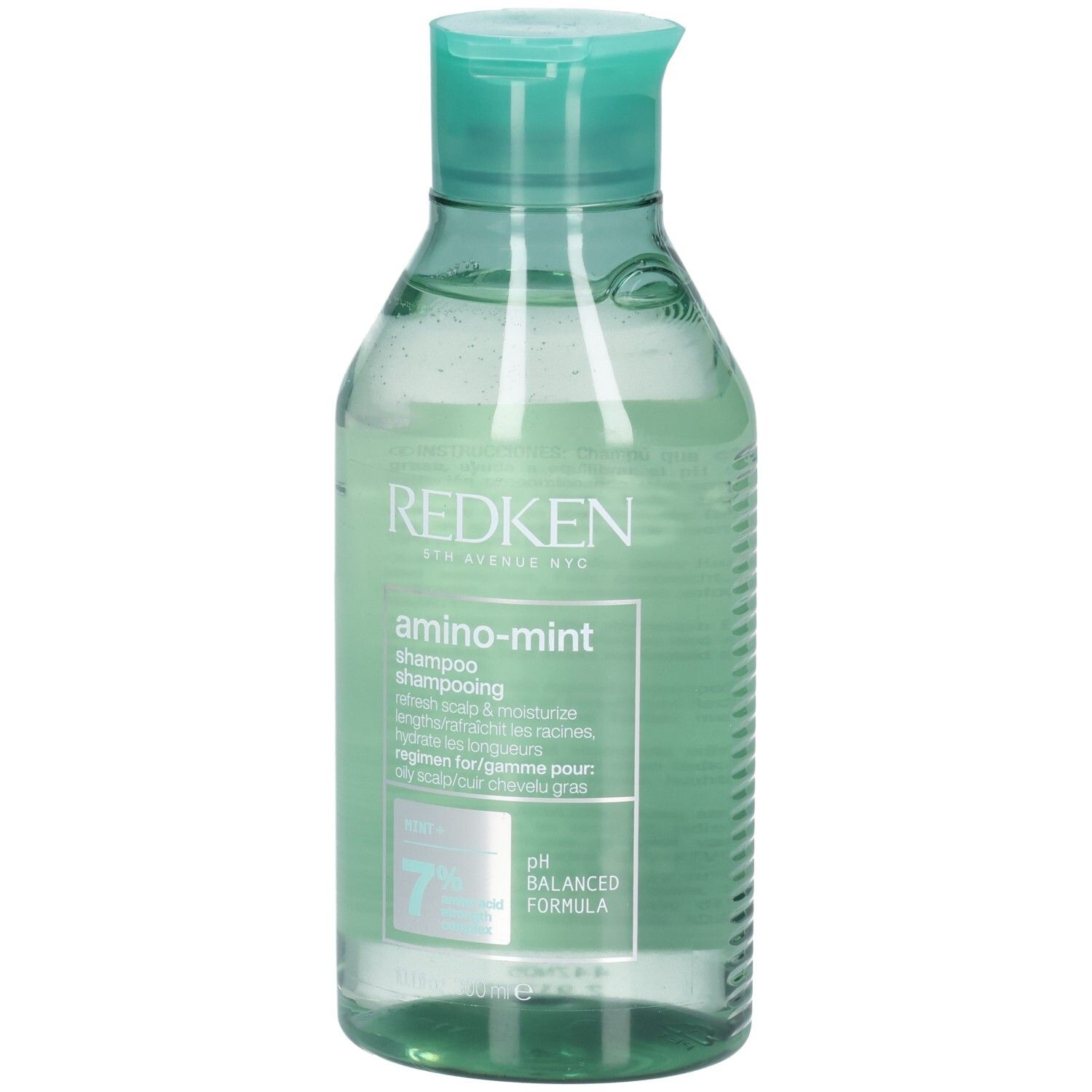Redken Amino-Mint Shampoo in klarer Flasche mit türkisfarbenem Verschluss. Enthält 7% Amino-Komplex.