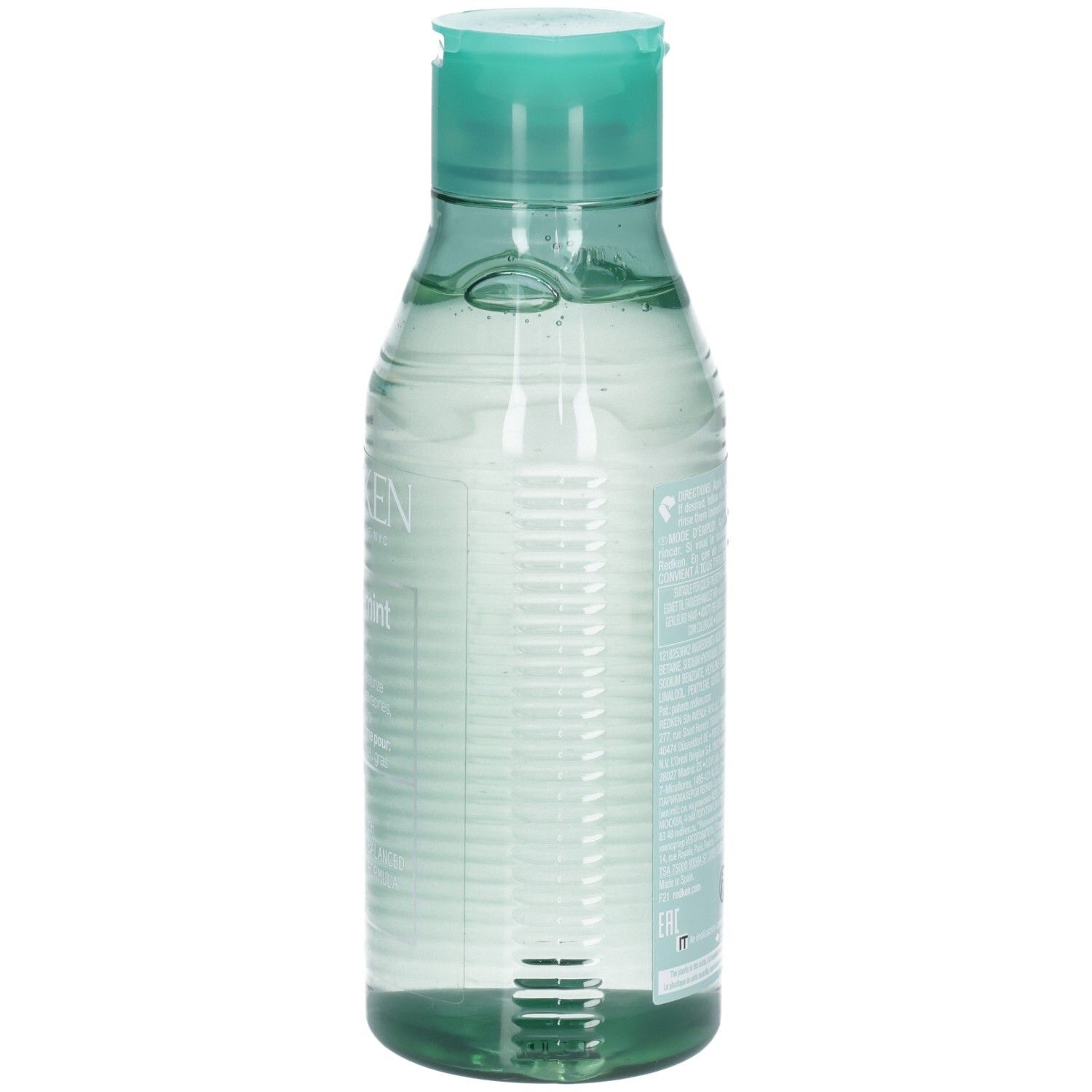 Klare Flüssigkeit in einer durchsichtigen Flasche mit türkisfarbenem Klappdeckel.