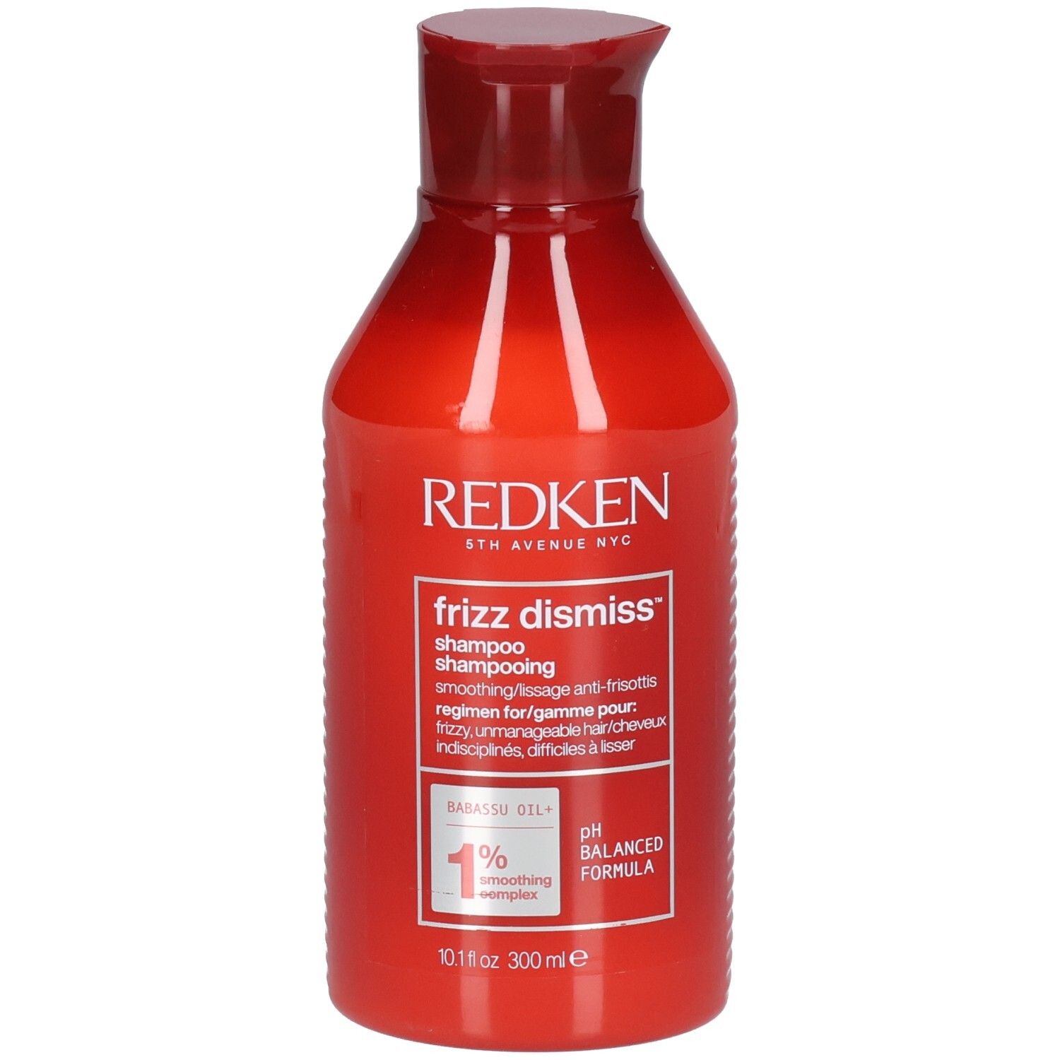 Rote Shampoo-Flasche mit rotem Deckel. Aufschrift: Redken Frizz Dismiss Shampoo. Enthält 1% Smoothing Complex. pH-ausgewogene Formel.