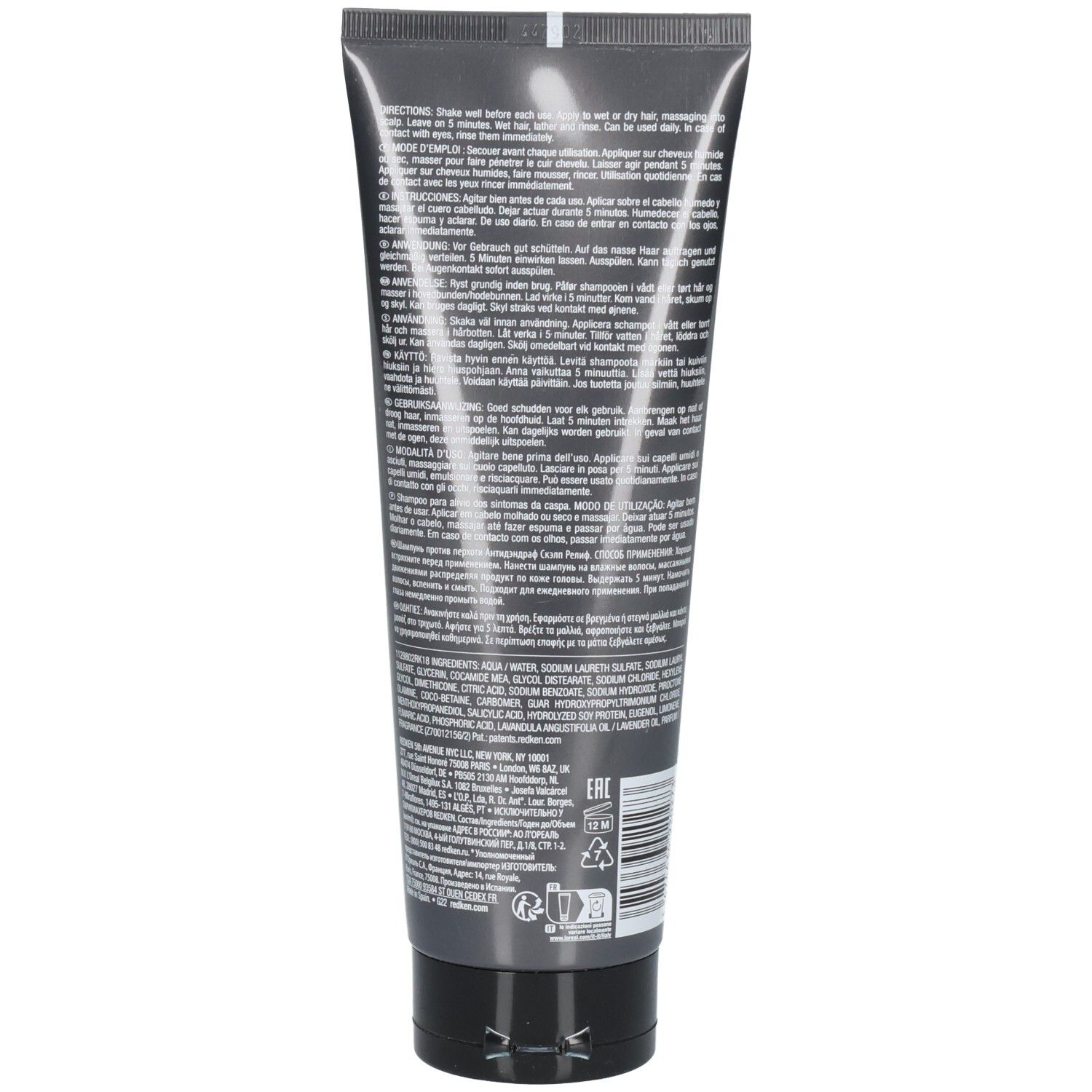 Rückseite einer grauen Shampoo-Tube. Text mit Anweisungen und Inhaltsstoffen. Enthält Informationen zu Anwendung und Inhaltsstoffen.