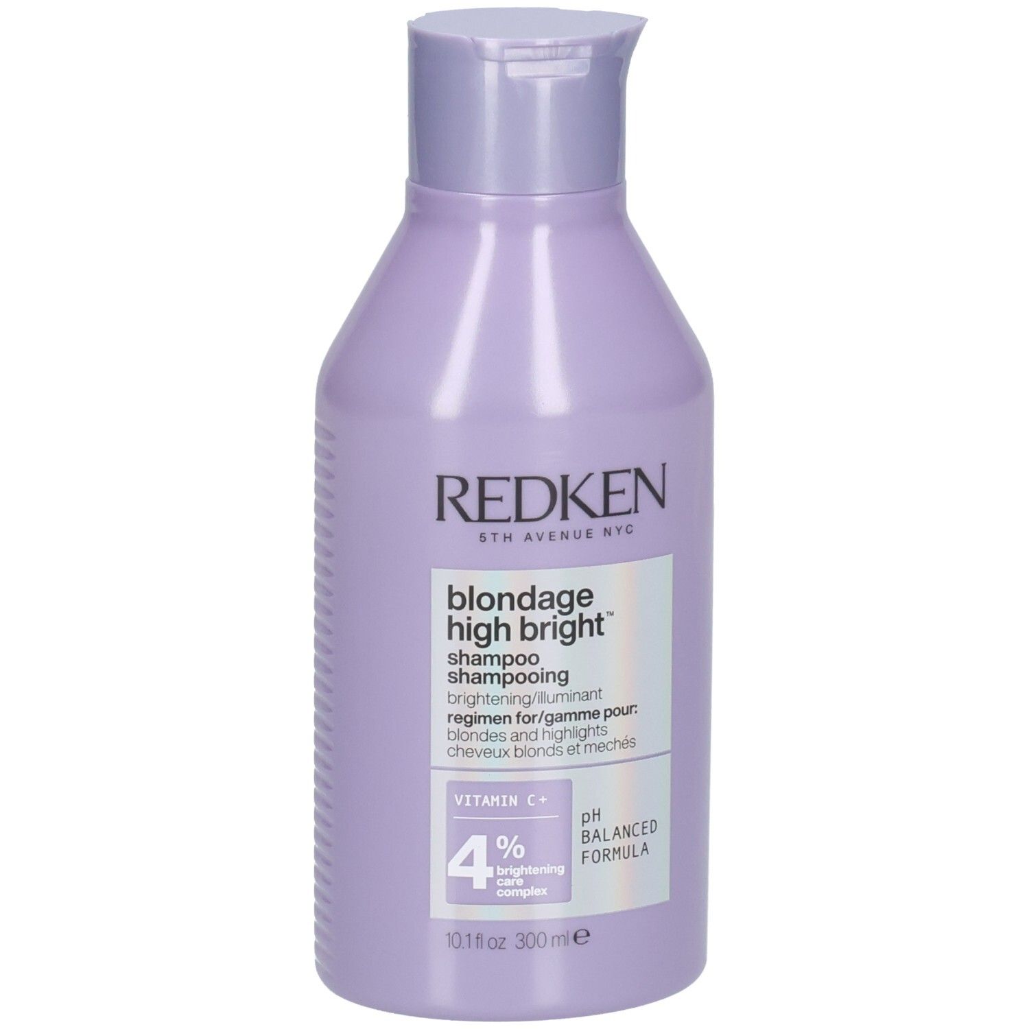 Flasche Redken Blondage High Bright Shampoo. Fliederfarbene Flasche mit weißem Etikett. Produktname und Inhaltsstoffe.