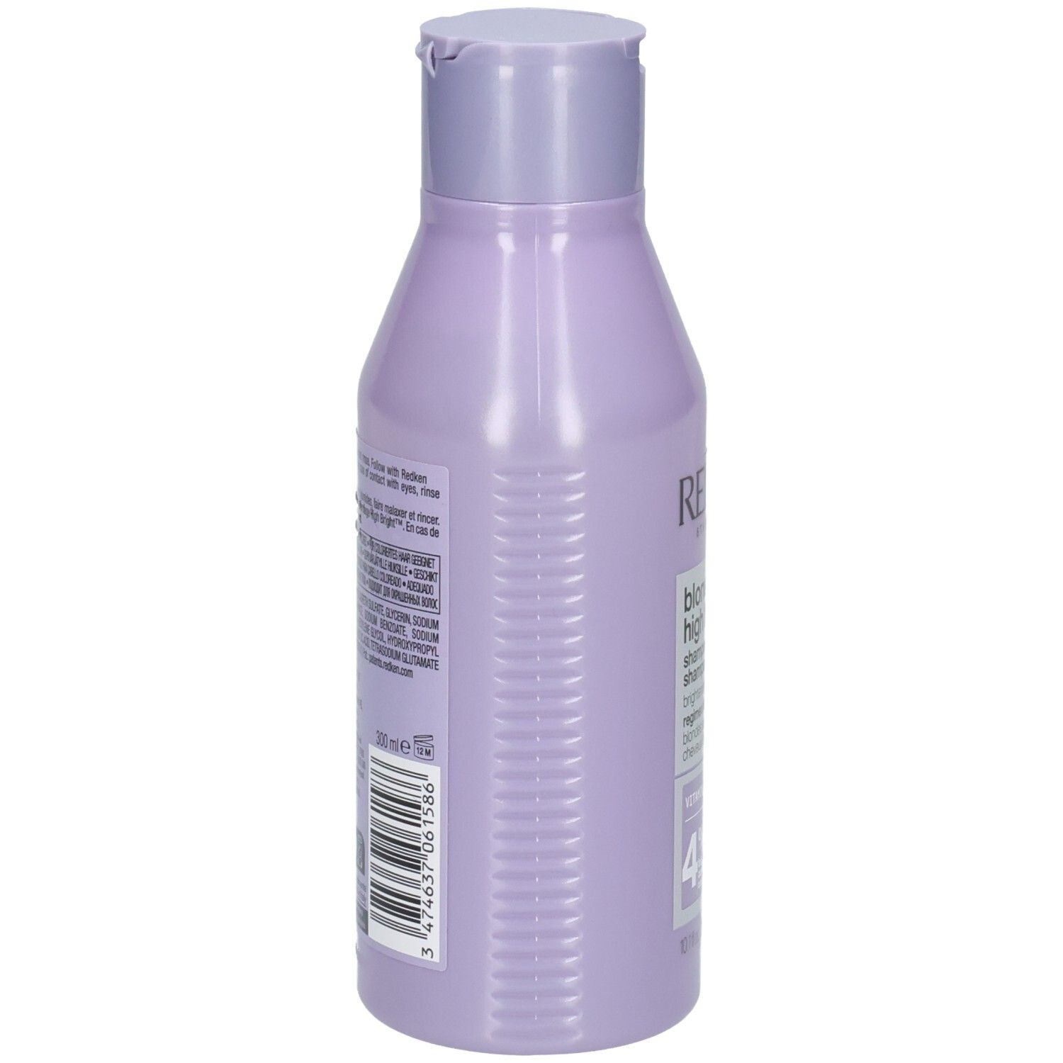 Rückseite der Flasche Redken Blondage High Bright Shampoo. Fliederfarbene Flasche mit Text. Barcode.