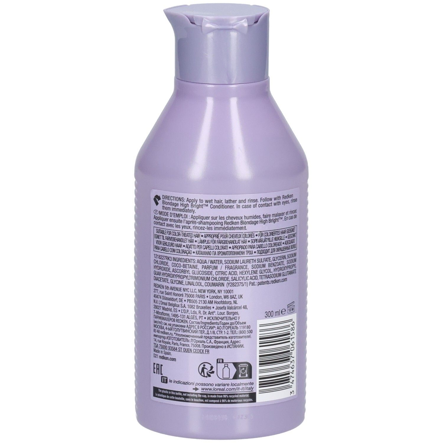 Rückseite der Flasche Redken Blondage High Bright Shampoo. Fliederfarbene Flasche mit Text. Inhaltsstoffe und Anwendung.