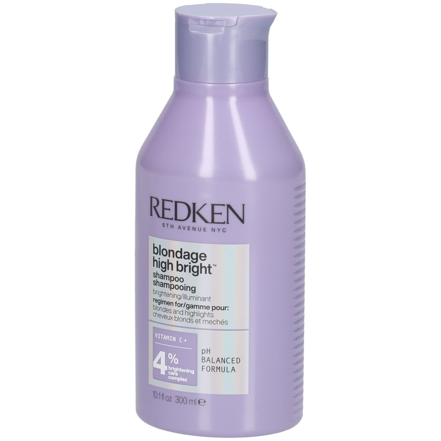 Flasche Redken Blondage High Bright Shampoo. Fliederfarbene Flasche mit weißem Etikett. Produktname und Inhaltsstoffe.