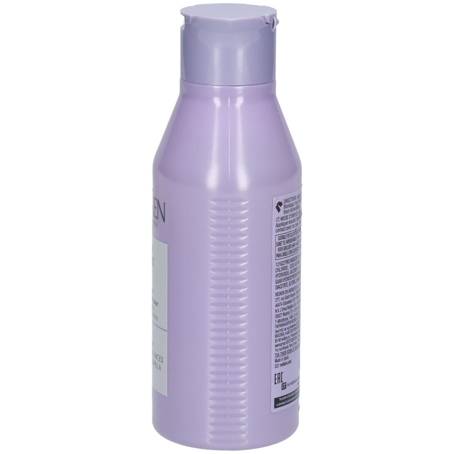 Seite der Flasche Redken Blondage High Bright Shampoo. Fliederfarbene Flasche mit Text. Etikett mit Inhaltsstoffen.