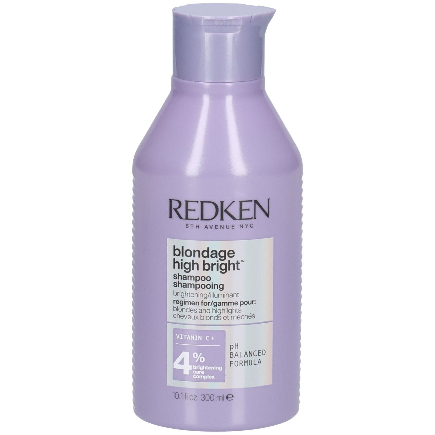 Flasche Redken Blondage High Bright Shampoo. Fliederfarbene Flasche mit weißem Etikett. Produktname und Inhaltsstoffe.