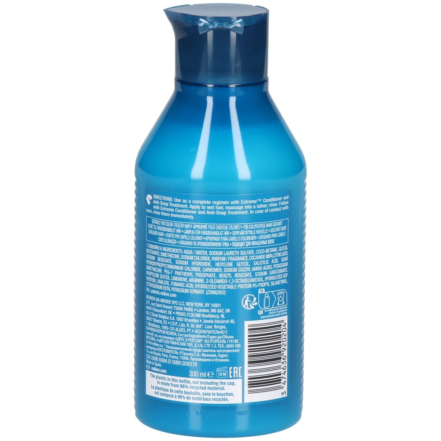 Rückseite einer blauen Shampoo-Flasche. Text: Inhaltsstoffe, Gebrauchsanweisung, Barcode, 300 ml, recyceltes Material.