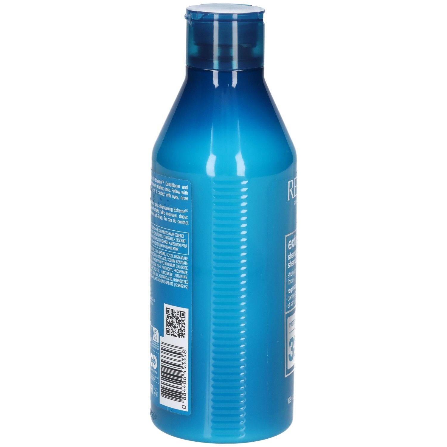 Blaue Shampoo-Flasche. Rückseite mit Text und Barcode. Enthält Informationen über Inhaltsstoffe und Hersteller.
