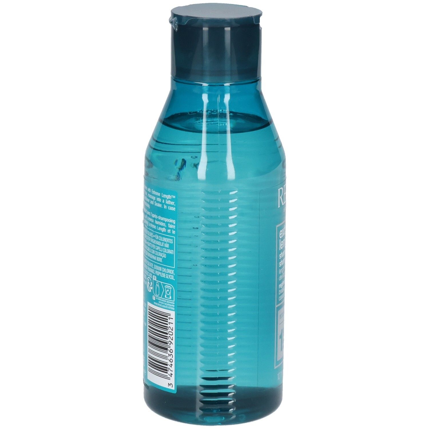 Rückseite einer blau-transparenten Shampoo-Flasche. Barcode und Text. Enthält Inhaltsstoffe und Anweisungen.