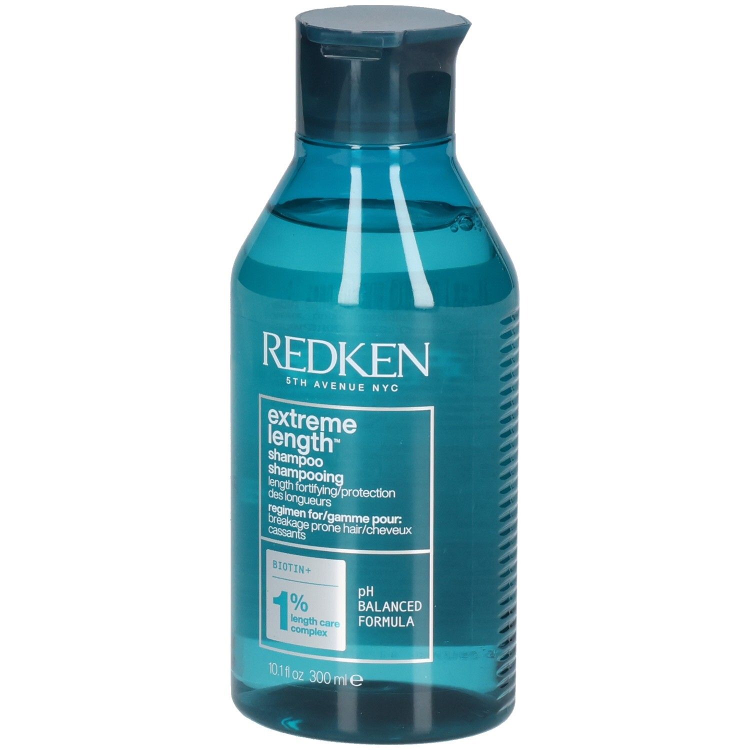 Blau-transparente Shampoo-Flasche. Aufschrift: Redken, Extreme Length Shampoo. Enthält Biotin. pH-ausgewogene Formel.