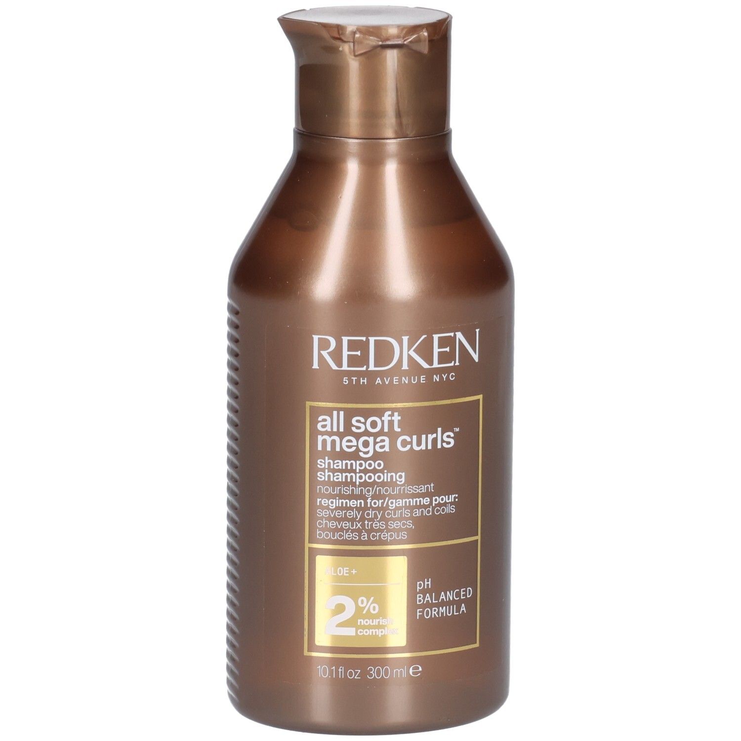 Braune Shampoo-Flasche mit Klappverschluss. Aufschrift: Redken, All Soft Mega Curls Shampoo. 300ml.