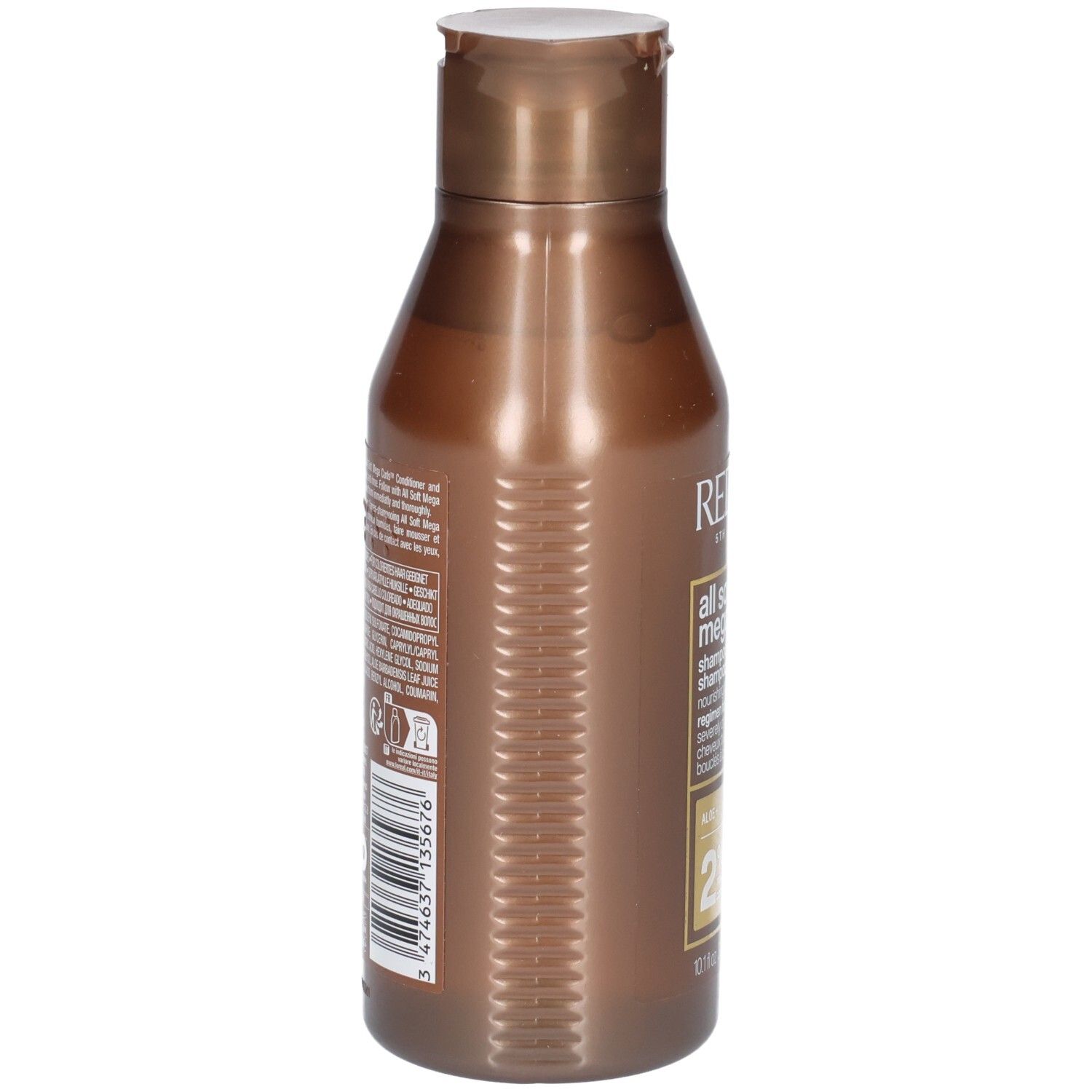 Braune Shampoo-Flasche, Seitenansicht. Barcode und Text auf der Rückseite. Geriffelte Oberfläche.