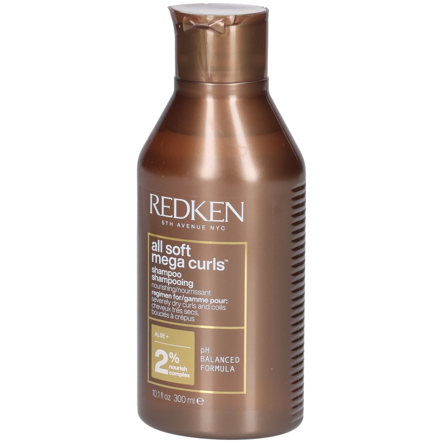 Braune Shampoo-Flasche mit Klappverschluss. Aufschrift: Redken, All Soft Mega Curls Shampoo. 300ml.
