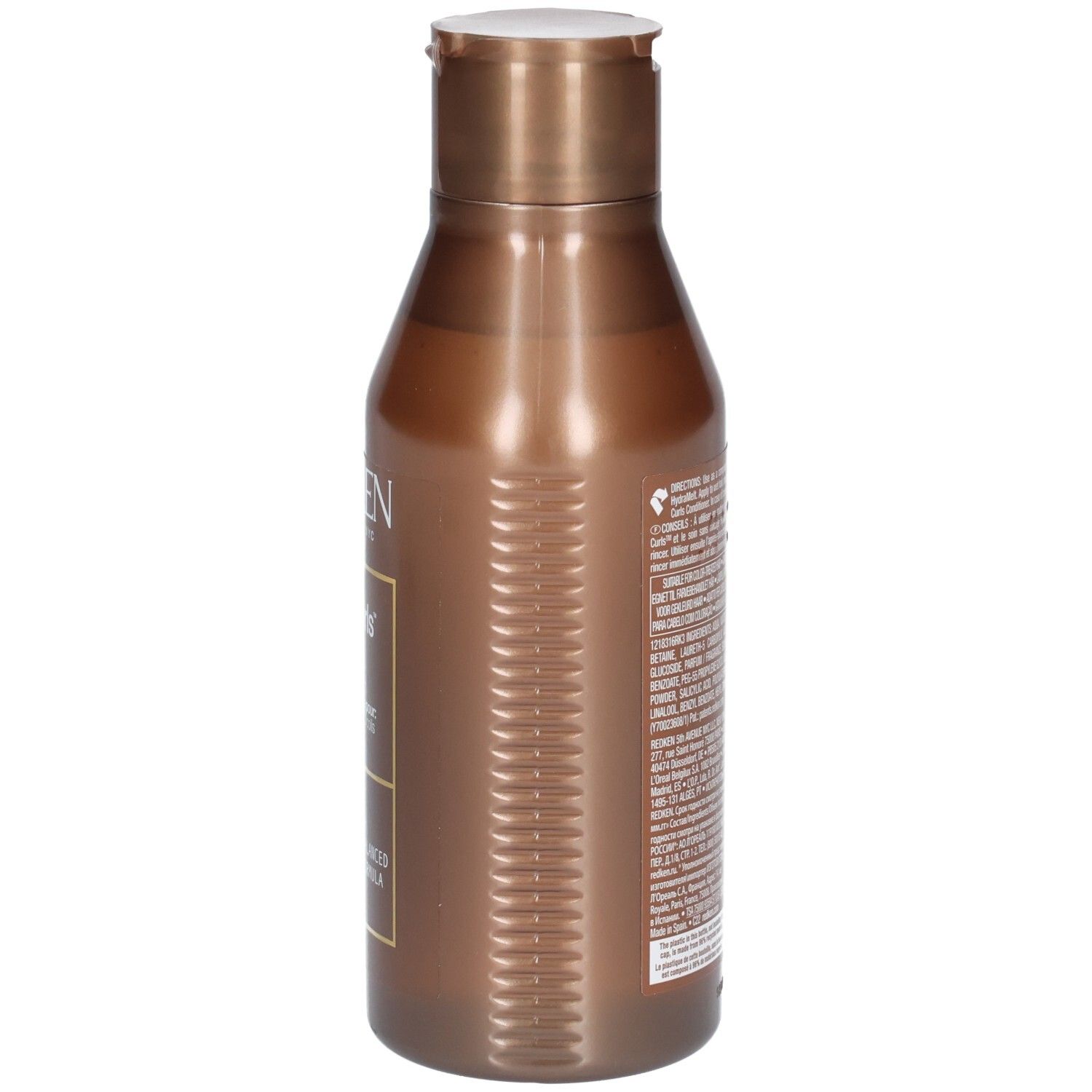 Braune Shampoo-Flasche, Seitenansicht. Text auf der Rückseite. Klappverschluss.