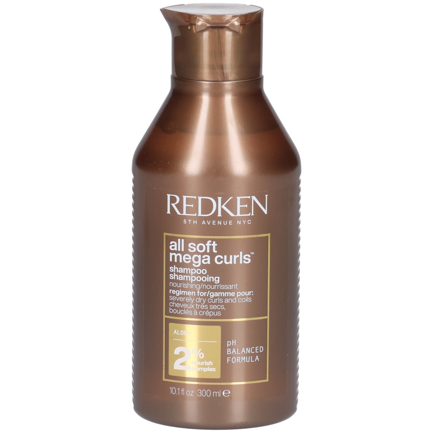 Braune Shampoo-Flasche mit Klappverschluss. Aufschrift: Redken, All Soft Mega Curls Shampoo. 300ml.