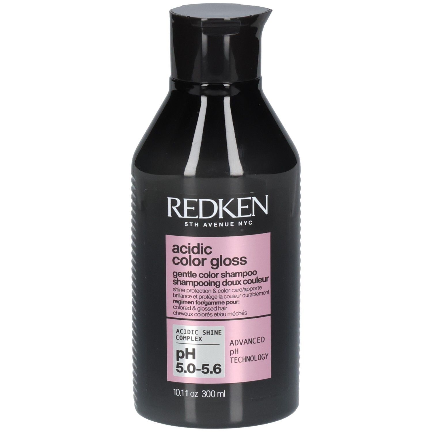 Redken Acidic Color Gloss Shampoo, 300 ml, schwarze Flasche mit rosa Etikett, pH 5.0-5.6.