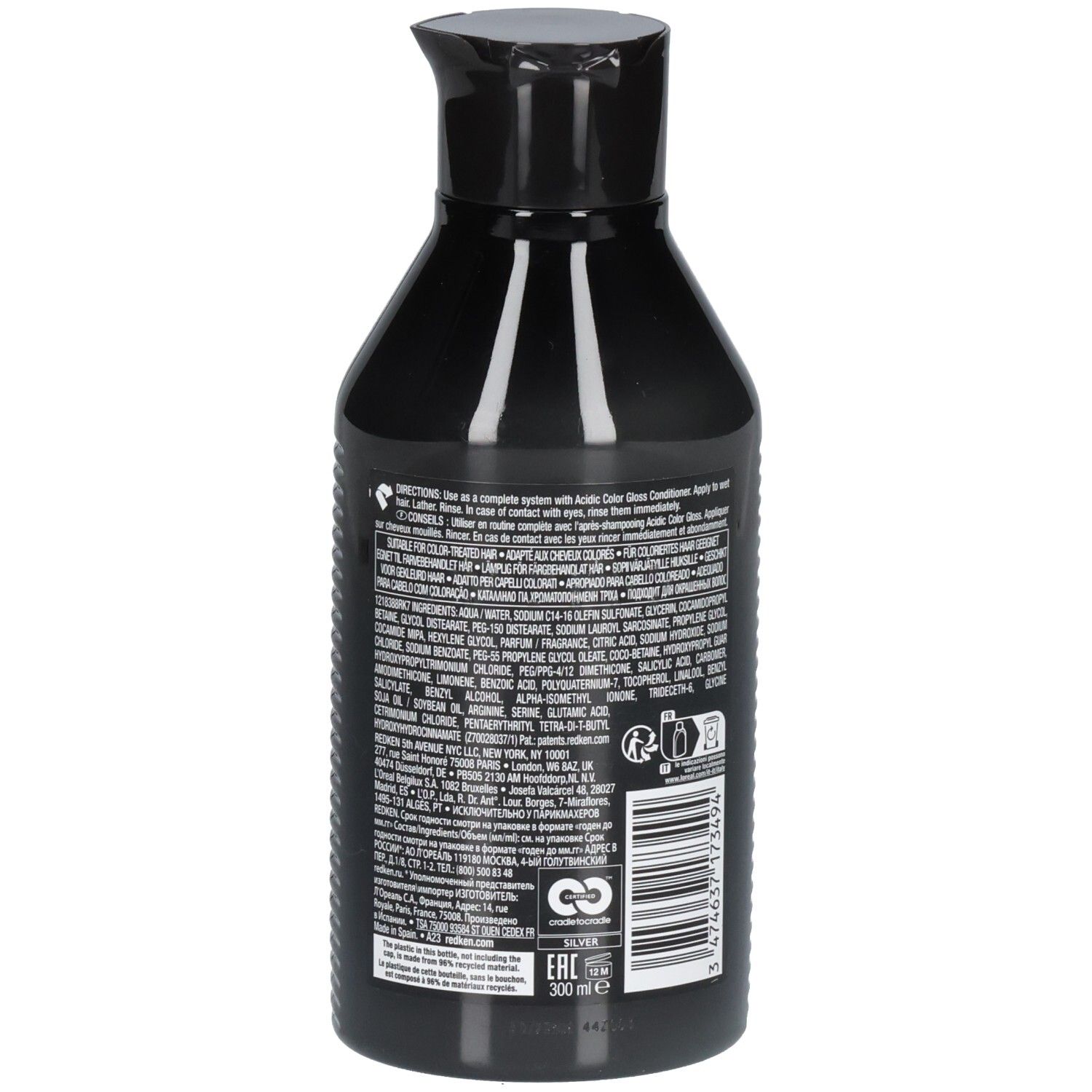 Schwarze Flasche mit silbernem Etikett und Informationen, 300 ml.