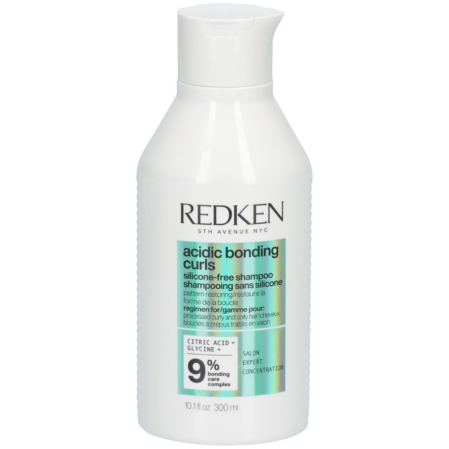 Weiße Flasche mit Redken-Etikett. Aufschrift: Acidic Bonding Curls, Shampoo. Enthält Zitronensäure und Glycin. 300 ml.
