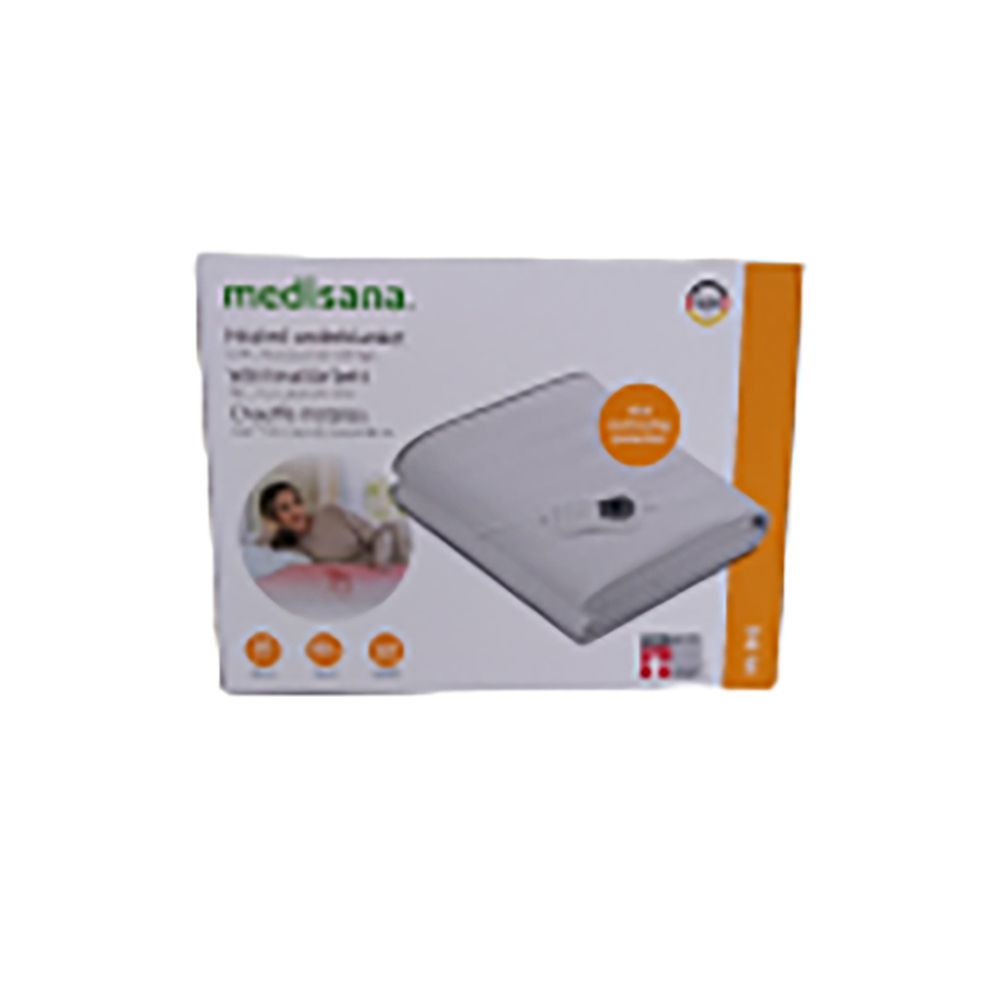 Verpackung mit beheizbarer Unterbett. Marke: medisana. Produktbild mit Frau. Aufschrift: beheizbare Unterbett.