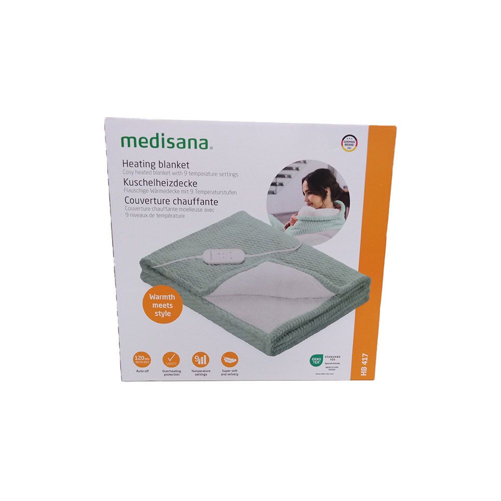 Heizdecke in Verpackung. Marke: medisana. Farbe: grün. Mit Temperaturregelung. Produktname und Logo sichtbar.