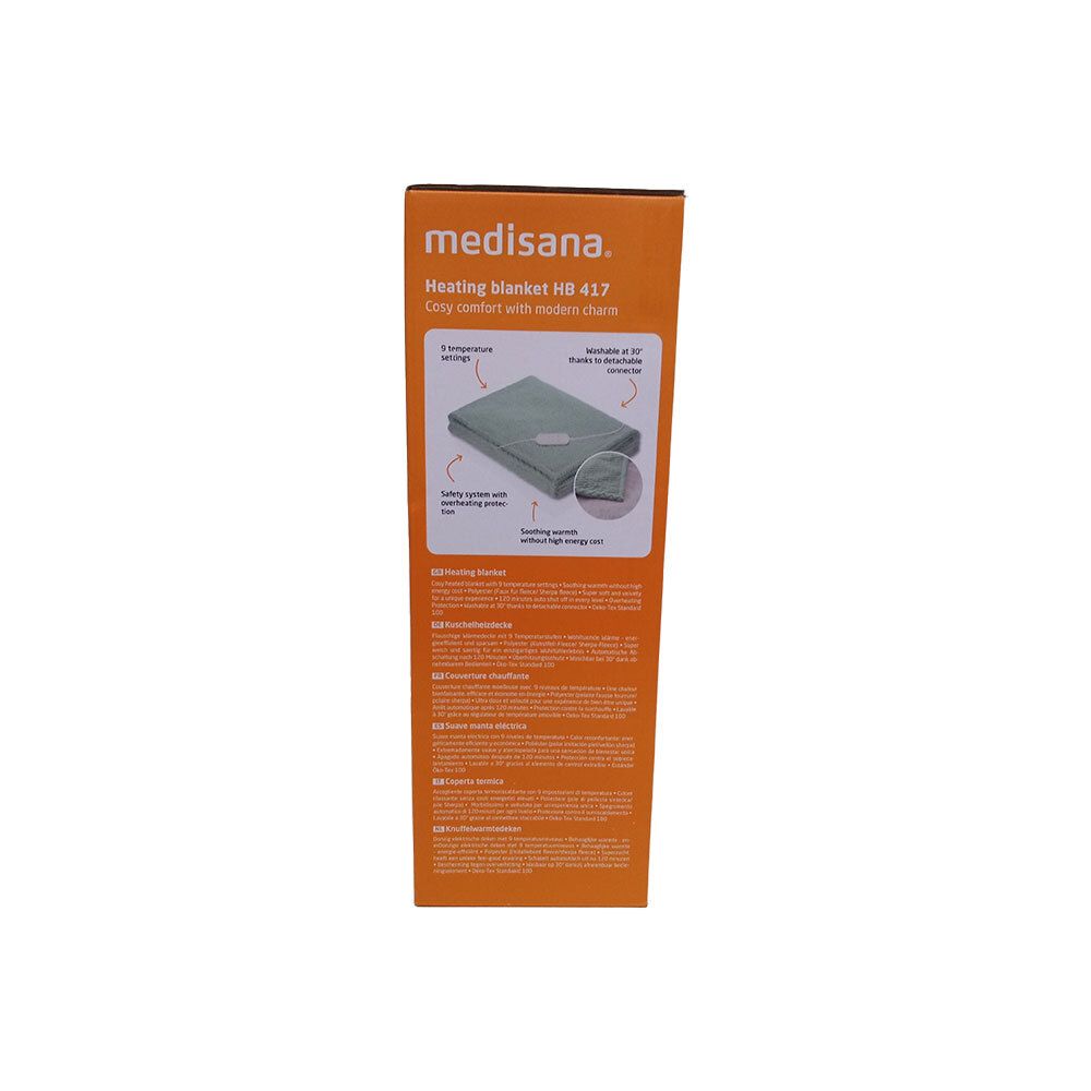 Verpackung der Heizdecke. Marke: medisana. Text und Produktabbildung. Informationen zur Anwendung und Eigenschaften.