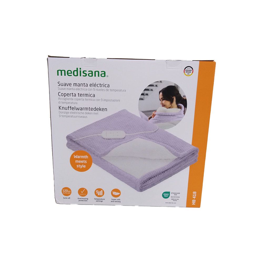 Verpackung der Heizdecke. Marke medisana. Produktname und Eigenschaften auf der Verpackung. Mit deutschem Qualitätssiegel.