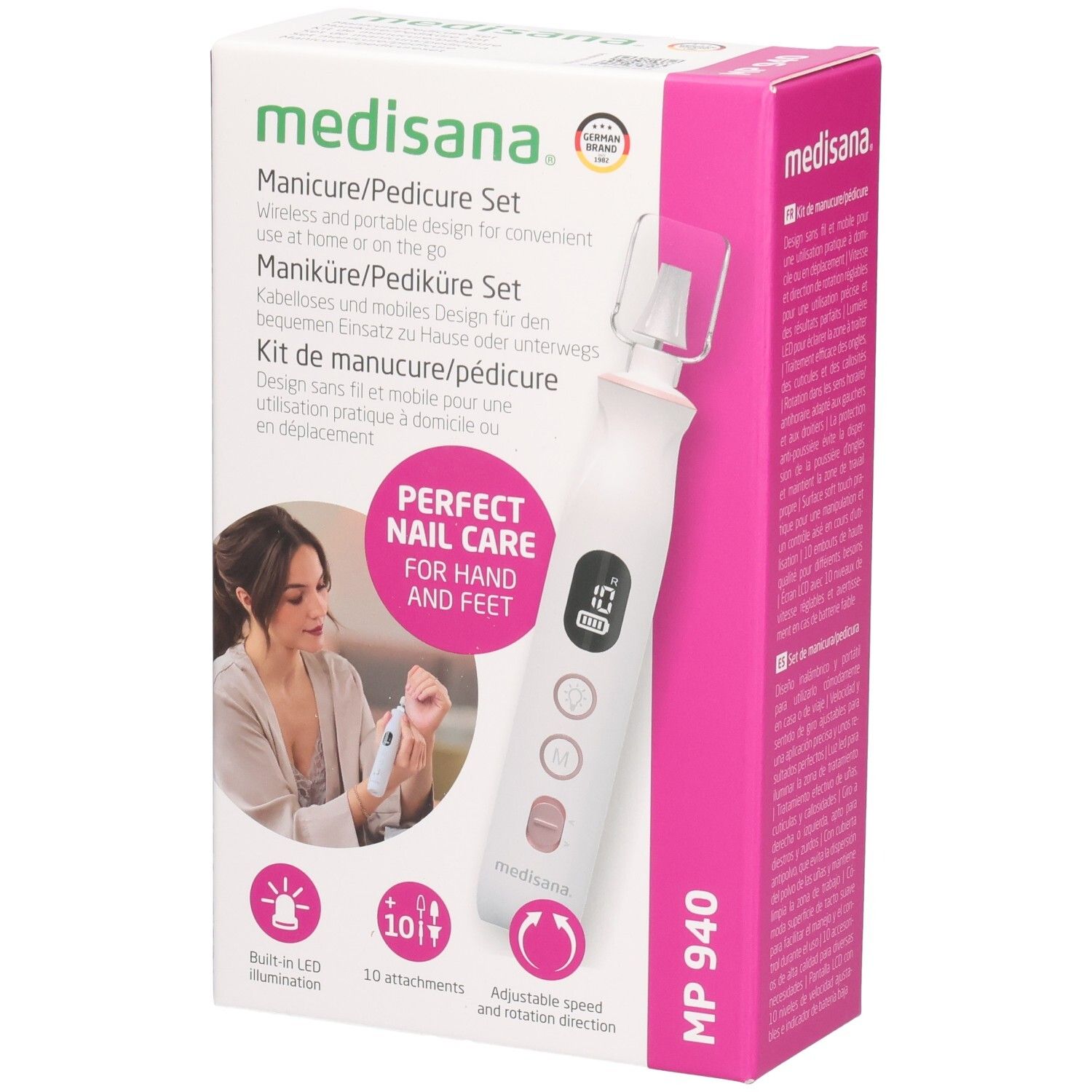Medisana Maniküre/Pediküre Set. Rosa-weiße Verpackung. Produkt und Frau auf der Vorderseite. MP 940. 10 Aufsätze, LED-Beleuchtung.