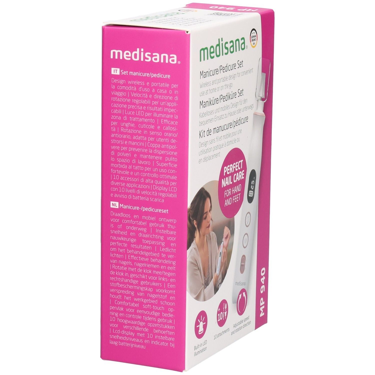Medisana Maniküre/Pediküre Set. Verpackung, Seitenansicht. Text in Deutsch, Italienisch, Niederländisch. MP 940. Rosa-weiß.