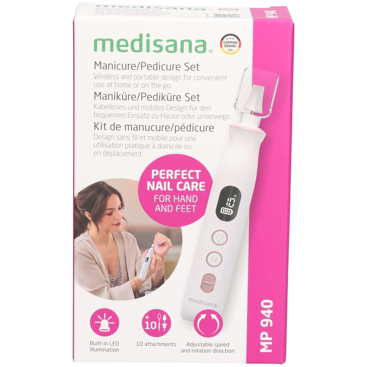 Medisana Maniküre/Pediküre Set. Rosa-weiße Verpackung. Produkt und Frau auf der Vorderseite. MP 940. 10 Aufsätze, LED-Beleuchtung.
